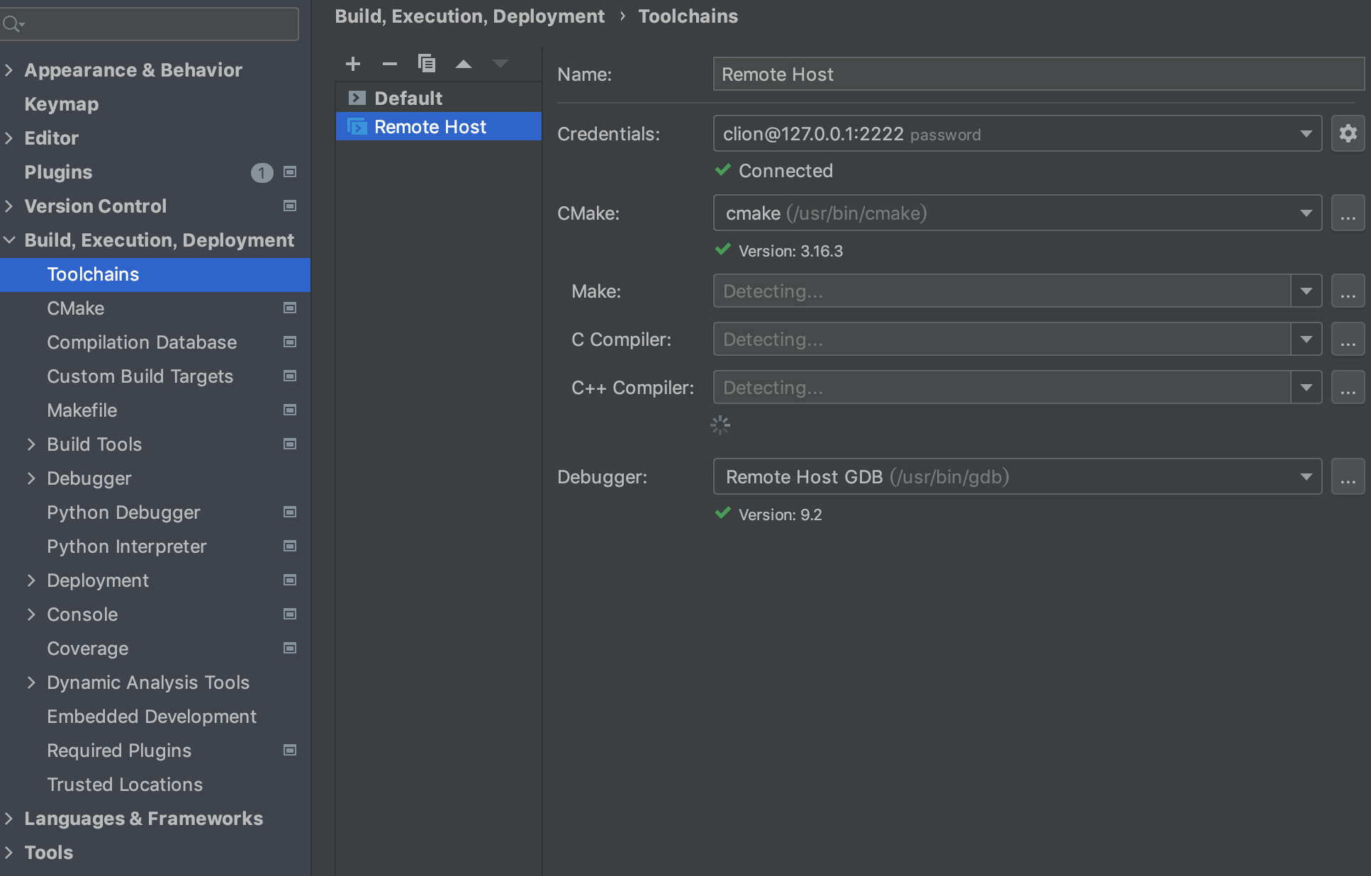 clion toolchains选项